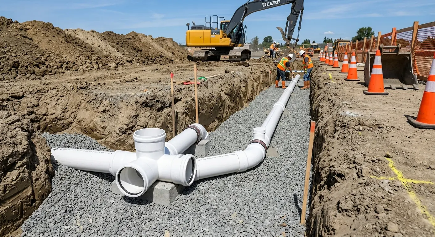 New PVC sewer pipe installation in open trench for Commercial Drain Cleaning in Rome