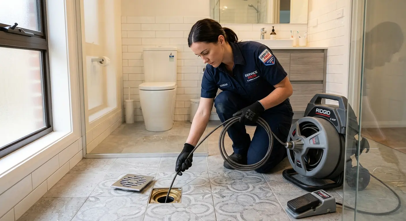 Technician clearing a bathroom floor drain for Hydro Jetting in Rome